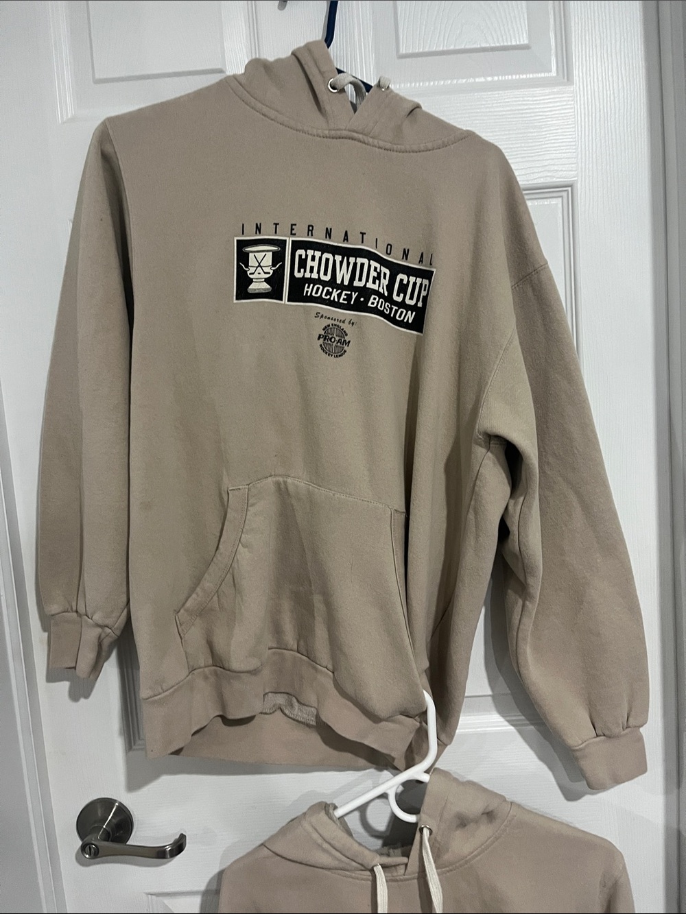 2 - Beige 'Chowder Cup' Hockey Pullover Hoodie - 1 Medium and 1 Small